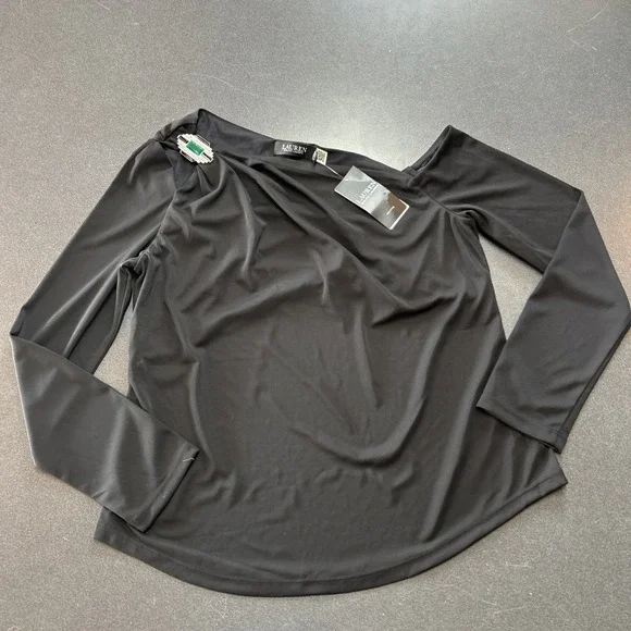 NWT Authentic RALPH LAUREN  Black One Shoulder Long Sleeve Top Petite L - Picture 3 of 10